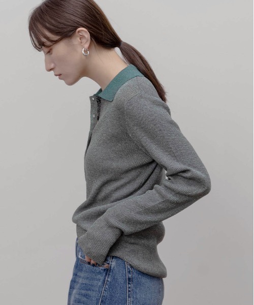Eimee Law(エイミーロウ)の「ラメリブポロニット(ポロシャツ・レディース・グレー/ダークグレー/スモークピンク/ブラック・FREE)」の17枚目の写真