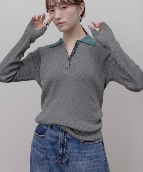 Eimee Law(エイミーロウ)の「ラメリブポロニット(ポロシャツ・レディース・グレー/ダークグレー/スモークピンク/ブラック・FREE)」の20枚目の写真