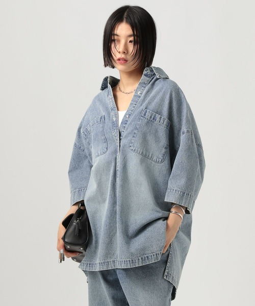 BAYFLOW（ベイフロー）の「デニムチュニックシャツ（シャツ/ブラウス・レディース・インディゴブルー/サックスブルー・FREE）」の14枚目の写真