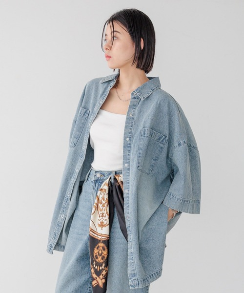 BAYFLOW（ベイフロー）の「デニムチュニックシャツ（シャツ/ブラウス・レディース・インディゴブルー/サックスブルー・FREE）」の7枚目の写真