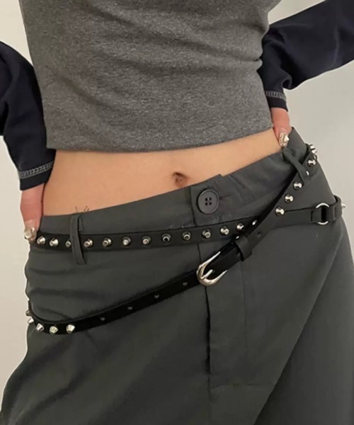 グランジ レザー スタッズ ベルト y2k ナローベルト ベルト 布