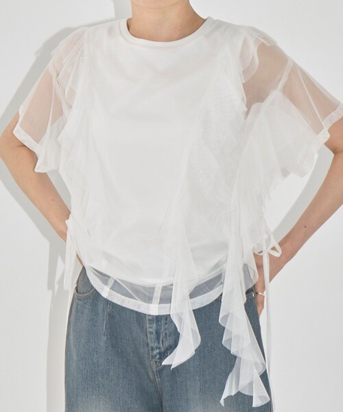 tシャツ ウィスパリングチュールフリルTee｜ウォッシャブル/シアートップス/半袖/夏服 レディース ウィスパリングチュールフリルTee｜ウォッシャブル/シアー