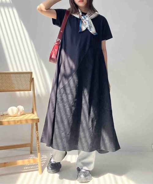 AS KNOW AS plus(アズノゥアズプラス)の「●接触冷感 切替えデザインロングワンピース(ワンピース・レディース・ブラック/ダークグリーン/ネイビー/オレンジ/ブラック系/ネイビー系/ダークグリーン系・FREE)」の1枚目の写真