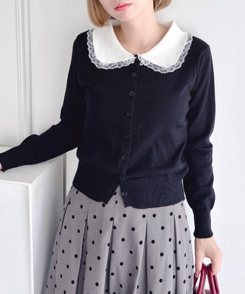 Loueme（ルエム）の「レーストリム丸襟カーディガン（カーディガン/ボレロ・レディース・ブラック/グレー・FREE）」の3枚目の写真