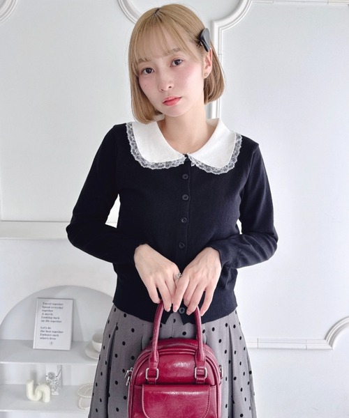 Loueme（ルエム）の「レーストリム丸襟カーディガン（カーディガン/ボレロ・レディース・ブラック/グレー・FREE）」の5枚目の写真