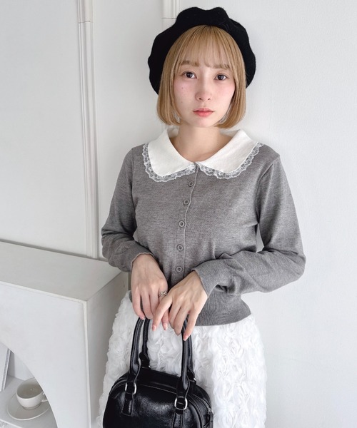 Loueme（ルエム）の「レーストリム丸襟カーディガン（カーディガン/ボレロ・レディース・ブラック/グレー・FREE）」の11枚目の写真