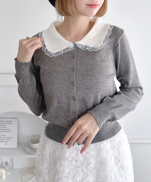 Loueme（ルエム）の「レーストリム丸襟カーディガン（カーディガン/ボレロ・レディース・ブラック/グレー・FREE）」の8枚目の写真