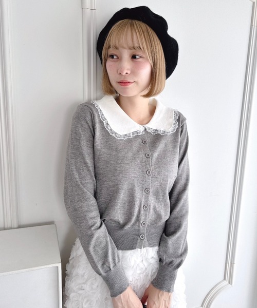 Loueme（ルエム）の「レーストリム丸襟カーディガン（カーディガン/ボレロ・レディース・ブラック/グレー・FREE）」の10枚目の写真