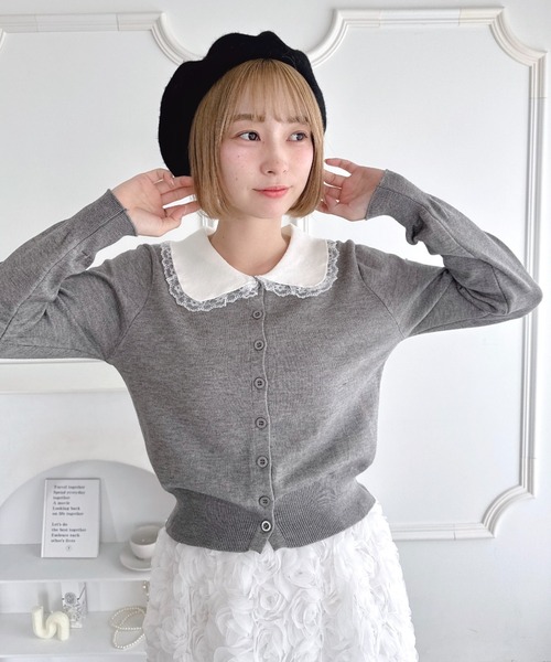 美品✨トリココムデギャルソン　　　丸襟ウール　刺繍レース　ブラウス　カーディガン トリココムデギャルソン 丸襟カーディガン ブラック ウール 美品