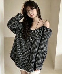 フリルビッグシルエット チェックオフショルダーキャミソールシャツ