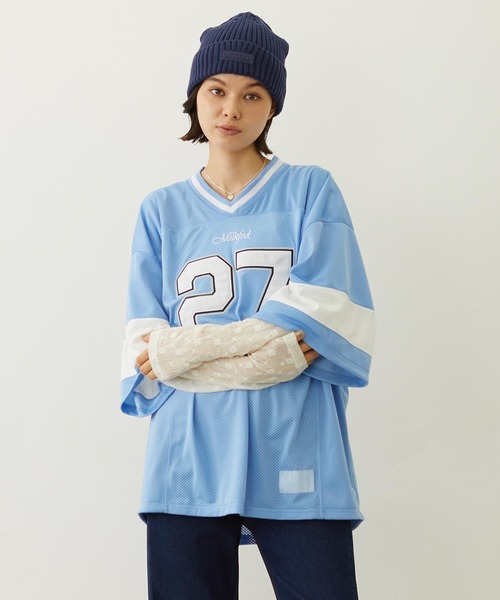 MILKFED.(ミルクフェド)の「HEAVEN27 FOOTBALL SHIRT(Tシャツ/カットソー・レディース・ライトブルー/ブラック/ライトピンク・ONE SIZE)」の1枚目の写真