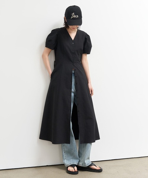 GENERAL IDEA(ジェネラルアイデア)の「GENERAL IDEA/ジェネラルアイディア v-neck puff long one-piece 半袖ロングワンピース(ワンピース・レディース・ブラック・S/L)」の1枚目の写真