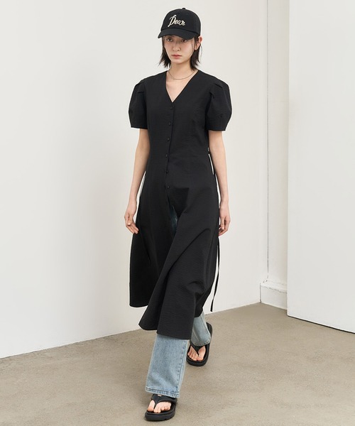 GENERAL IDEA(ジェネラルアイデア)の「GENERAL IDEA/ジェネラルアイディア v-neck puff long one-piece 半袖ロングワンピース(ワンピース・レディース・ブラック・S/L)」の5枚目の写真