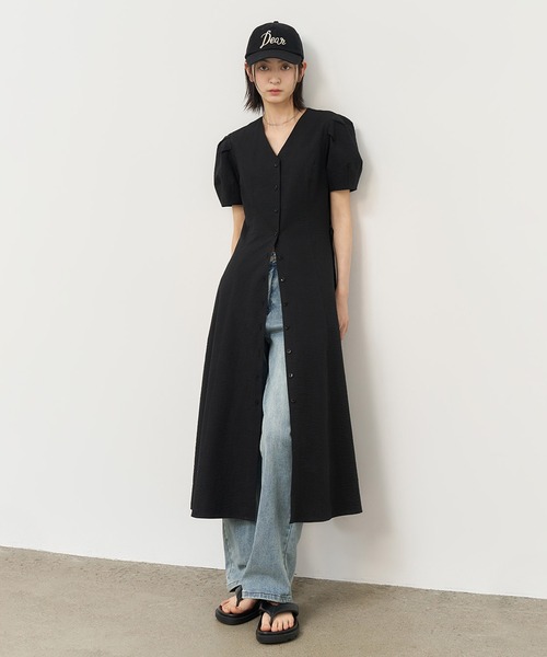 GENERAL IDEA(ジェネラルアイデア)の「GENERAL IDEA/ジェネラルアイディア v-neck puff long one-piece 半袖ロングワンピース(ワンピース・レディース・ブラック・S/L)」の8枚目の写真