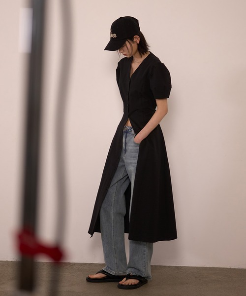 GENERAL IDEA(ジェネラルアイデア)の「GENERAL IDEA/ジェネラルアイディア v-neck puff long one-piece 半袖ロングワンピース(ワンピース・レディース・ブラック・S/L)」の9枚目の写真