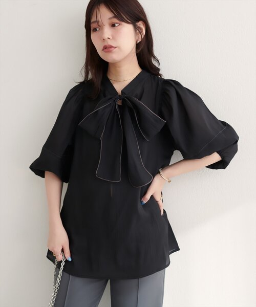 natural couture(ナチュラルクチュール)の「【WEB限定】〈osono〉配色シアーボウタイブラウス(シャツ/ブラウス・レディース・ブラウン/オフホワイト/ブラック/サックスブルー・FREE)」の15枚目の写真