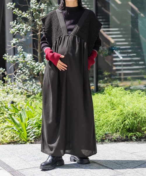 産前・産後対応】マタニティ／シャーリングワンピースAW 595401