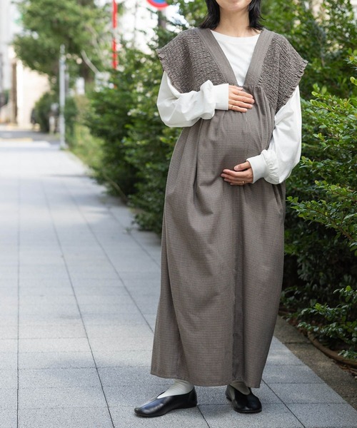 NINA　 LEPSIM マタニティ シャーリングVワンピース 産前・産後対応】マタニティ／シャーリングVワンピース 420595