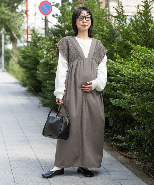 産前・産後対応】マタニティ／シャーリングワンピースAW 595401