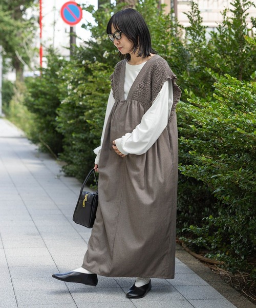 産前・産後対応】マタニティ／シャーリングワンピースAW 595401