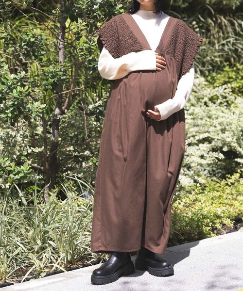 産前・産後対応】マタニティ／シャーリングワンピースAW 595401