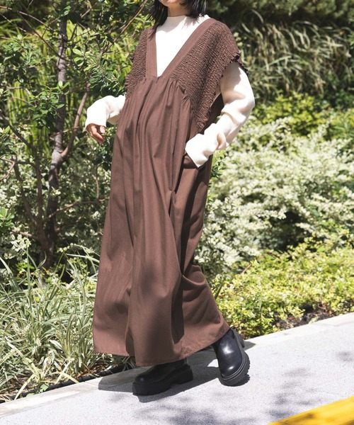 産前・産後対応】マタニティ／シャーリングワンピースAW 595401