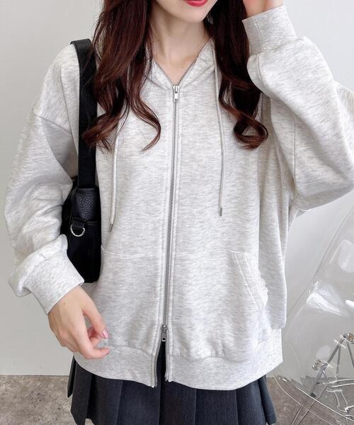 INGNI（イング）の「【WEB限定】レース付ダブルジップスウェットチュニックパーカー（パーカー・レディース・グレー/チャコールグレー/オートミール・M）」の3枚目の写真