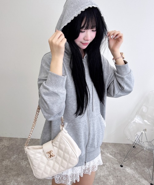 INGNI（イング）の「【WEB限定】レース付ダブルジップスウェットチュニックパーカー（パーカー・レディース・グレー/チャコールグレー/オートミール・M）」の6枚目の写真