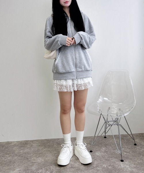 INGNI（イング）の「【WEB限定】レース付ダブルジップスウェットチュニックパーカー（パーカー・レディース・グレー/チャコールグレー/オートミール・M）」の11枚目の写真