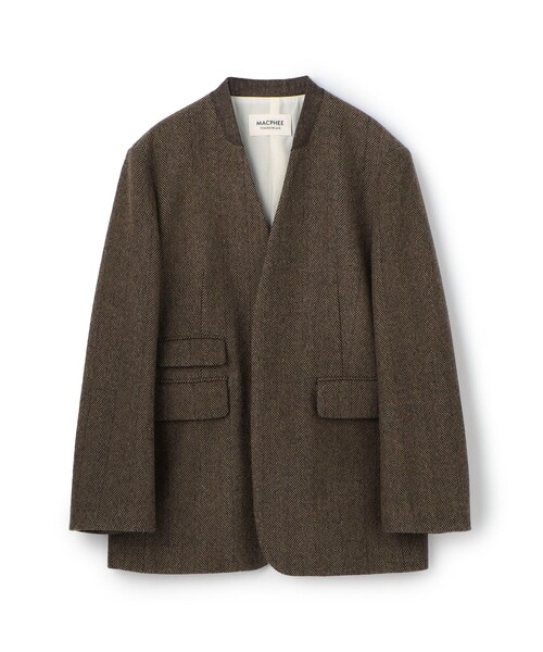 セール】アルパカヘリンボーン カラーレスジャケット（ノーカラー