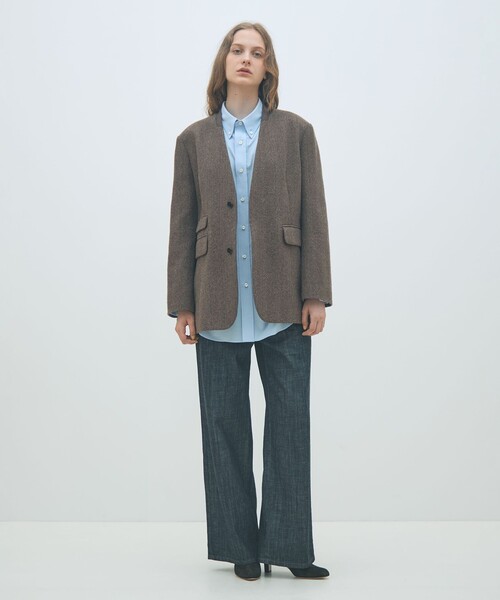 セール】アルパカヘリンボーン カラーレスジャケット（ノーカラー