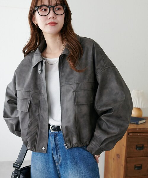 セール】【WEB限定】フェイクレザーショートブルゾン（ブルゾン