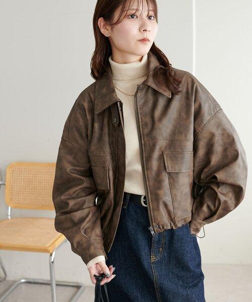 新品タグ付き 完売品 フェイクレザーショートブルゾン 12／25までの限定価格】ヴィンテージライクフェイクレザーショート