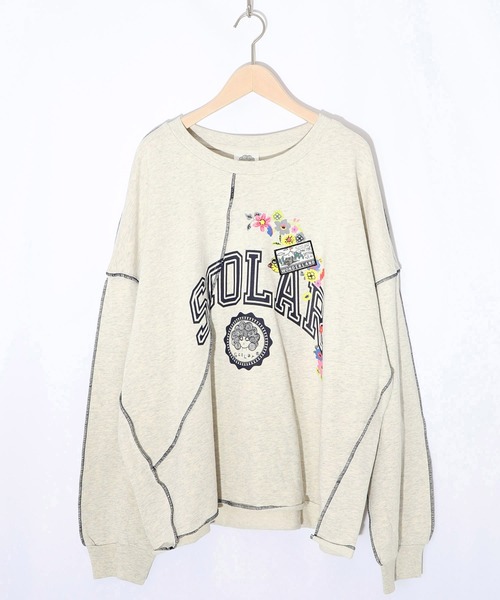 ScoLar(スカラー)の「153662:リメイク風メロウステッチプルオーバー(Tシャツ/カットソー・レディース・ブラック/杢グレー/オートミール・M)」の1枚目の写真