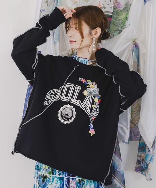 ScoLar(スカラー)の「153662:リメイク風メロウステッチプルオーバー(Tシャツ/カットソー・レディース・ブラック/杢グレー/オートミール・M)」の2枚目の写真