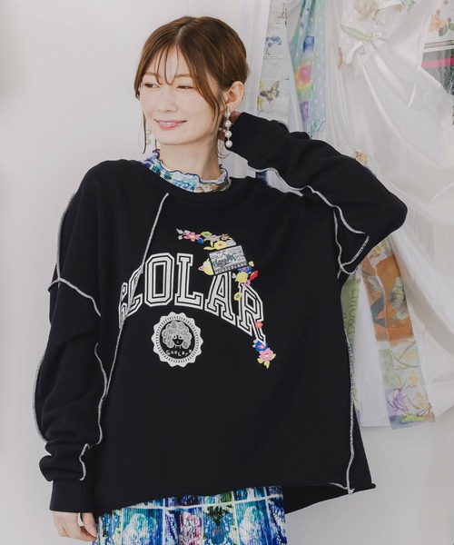 ScoLar(スカラー)の「153662:リメイク風メロウステッチプルオーバー(Tシャツ/カットソー・レディース・ブラック/杢グレー/オートミール・M)」の5枚目の写真