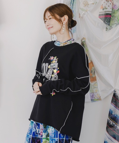 ScoLar(スカラー)の「153662:リメイク風メロウステッチプルオーバー(Tシャツ/カットソー・レディース・ブラック/杢グレー/オートミール・M)」の9枚目の写真