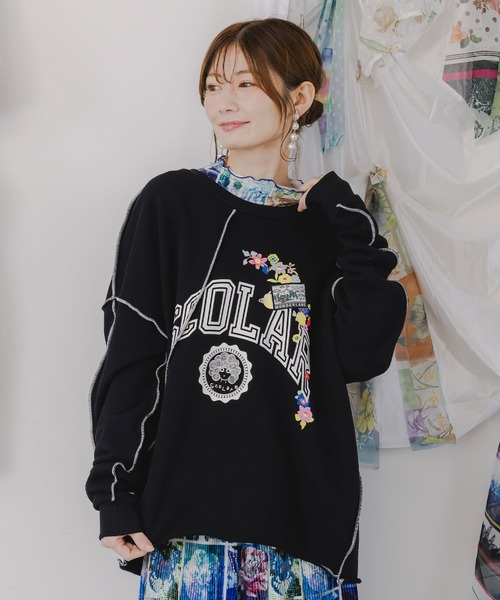 ScoLar(スカラー)の「153662:リメイク風メロウステッチプルオーバー(Tシャツ/カットソー・レディース・ブラック/杢グレー/オートミール・M)」の10枚目の写真