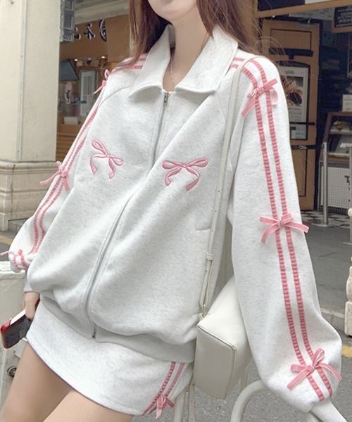 Miniministore(ミニミニストア)の「リボン付きスウェットジップアップパーカー(スウェット・レディース・グレー×ピンク/グレー×サックスブルー・FREE)」の16枚目の写真