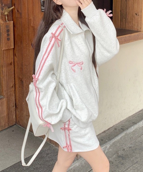 Miniministore(ミニミニストア)の「リボン付きスウェットジップアップパーカー(スウェット・レディース・グレー×ピンク/グレー×サックスブルー・FREE)」の17枚目の写真