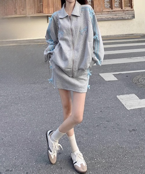 Miniministore(ミニミニストア)の「リボン付きスウェットジップアップパーカー(スウェット・レディース・グレー×ピンク/グレー×サックスブルー・FREE)」の21枚目の写真