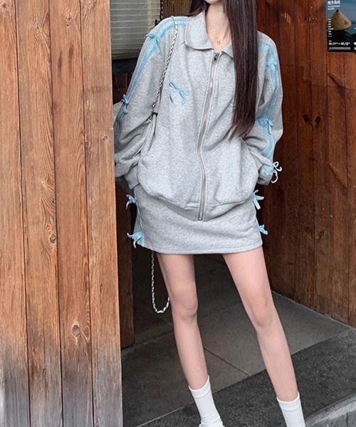 Miniministore(ミニミニストア)の「リボン付きスウェットジップアップパーカー(スウェット・レディース・グレー×ピンク/グレー×サックスブルー・FREE)」の22枚目の写真
