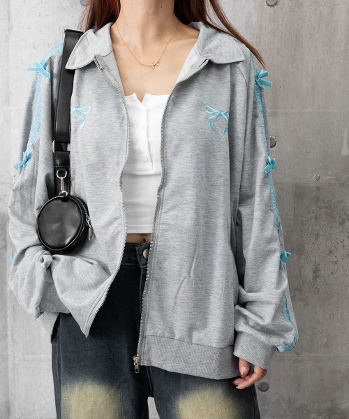 Miniministore(ミニミニストア)の「リボン付きスウェットジップアップパーカー(スウェット・レディース・グレー×ピンク/グレー×サックスブルー・FREE)」の6枚目の写真