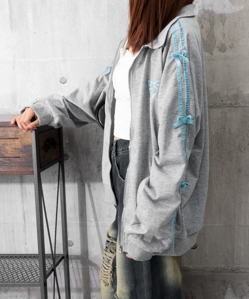 Miniministore(ミニミニストア)の「リボン付きスウェットジップアップパーカー(スウェット・レディース・グレー×ピンク/グレー×サックスブルー・FREE)」の8枚目の写真