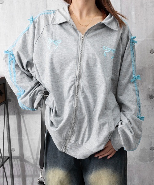 Miniministore(ミニミニストア)の「リボン付きスウェットジップアップパーカー(スウェット・レディース・グレー×ピンク/グレー×サックスブルー・FREE)」の10枚目の写真
