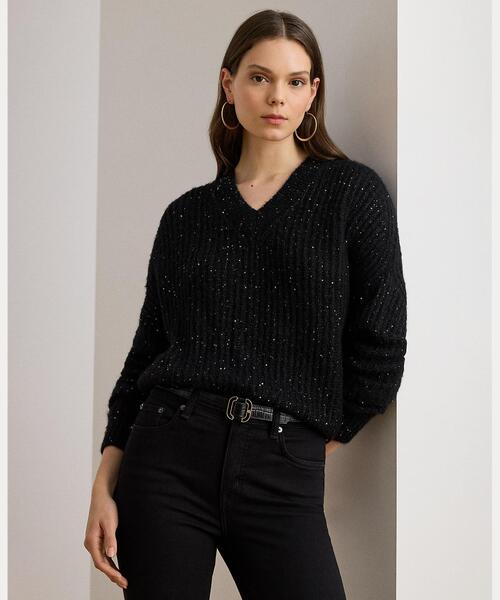 【最終値下げ】ラルフローレン　ニット　セーター　ブラック　Ｌ セール】シークイン リブニット Vネック セーター（ニット/セーター