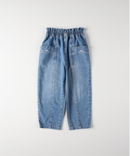 MPS(エムピーエス)の「【MPS】ポケットフラワー刺繍テーパードパンツ (キッズ/フリルウエスト/デニム/ポケット刺繍/花柄/カジュアル/デイリー)(その他パンツ・キッズ・ネイビー/ブルー・140/130/120/110)」の2枚目の写真