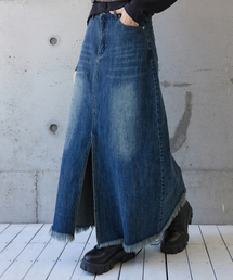 Cutting Denim Long Skirt Blue