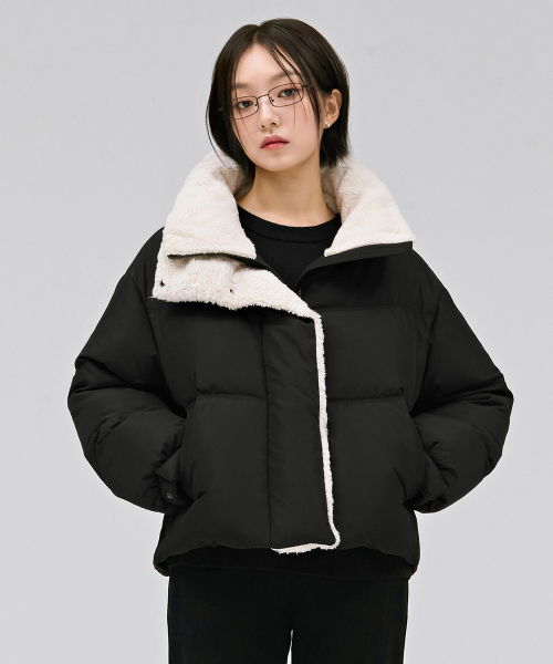 女性ボア配色プファーパディングジャケット-ブラック（ダウン