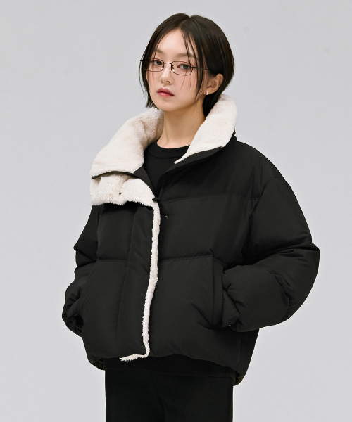 女性ボア配色プファーパディングジャケット-ブラック（ダウン